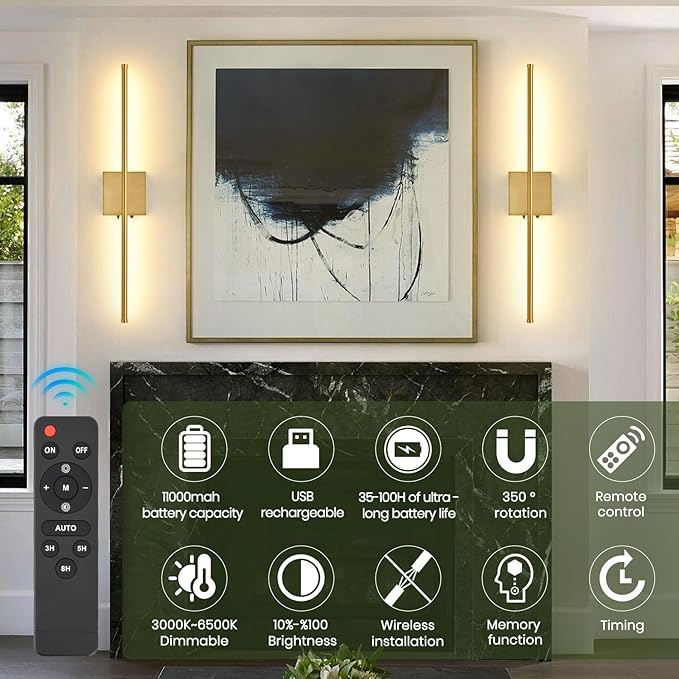 Battery Operated Wall Sconces Set of 2, 11000mAh Wireless Rechargeable Gold Wall Lights with Remote Control, 350°Rotate Dimmable Wall Lamp, 3 Color Temperatures, for Bedroom, Living Room, Hallway - Bloomnest