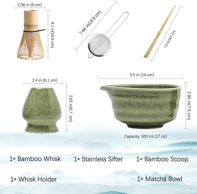 Matcha Set, Matcha Bowl with Spout, Matcha Whisk and Holder, Bamboo matcha Scoop and Stainless Sifter - 5 Pcs Jade Green Matcha Set Kit for Matcha Lover - Bloomnest