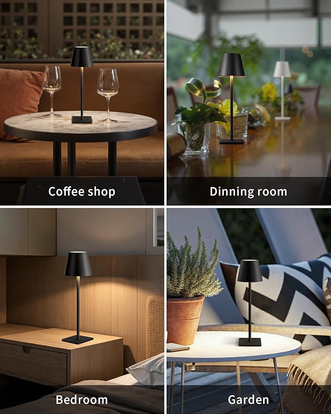 KDG 2 Pack Cordless Table Lamp, Portable LED Desk Lamps, 5000mAh Battery Operated, 3 Color Stepless Dimming Up, for Restaurant, Bedroom, Outdoor Camping, Coffee Shop, Night Light, Rechargeable (Black) - Bloomnest