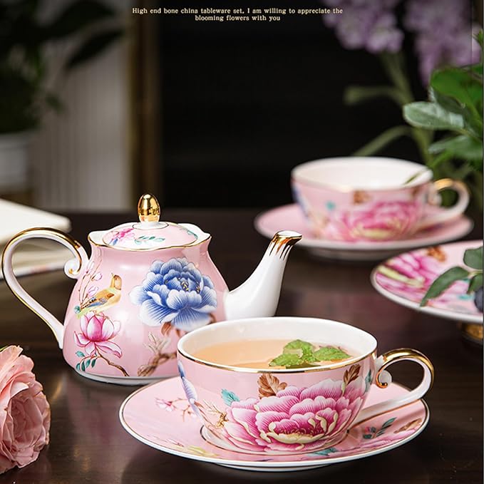 ACMLIFE Tea for One Teapot and Cup, Vintage Floral Porcelain Tea Set for One, Bone China Teapot with Cup Set, Tea Pot Gift for Women (Pink) - Bloomnest