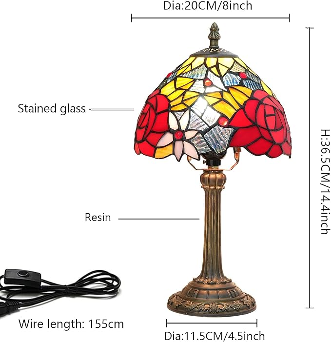 Tiffany Lamp Bedside Table Lamp-Nightstand,Stained Glass Lamp for Bedroom Dorm Living Kitchen, Aesthetic Cute Home Decor Gift (Rose) - Bloomnest