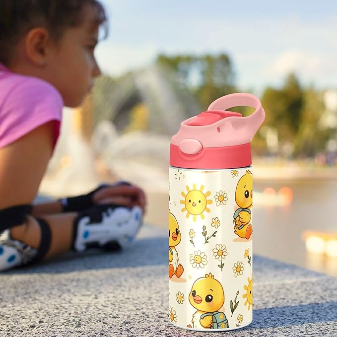 Little Yellow Duck Flower Kids Insulated Water Bottle, Toddlers Tumbler Travel Cup with Straw & Handle Stainless Steel Cup for Travel School Girls 12 oz - Bloomnest