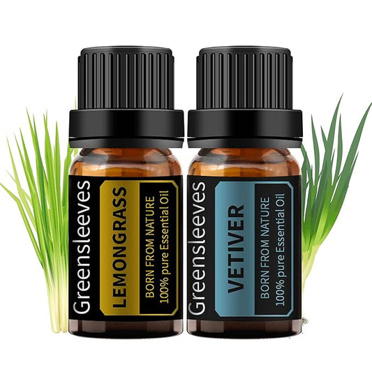 GREENSLEEVES Vetiver and Lemongrass Essential Oil Set, 2 x 10ml Pure Plant-Based Fragrance Oil for Aromatherapy, Essential Oils for Diffuser, Massage, Bath Bomb, Scented Candle Soap Making GREENSLEEVES