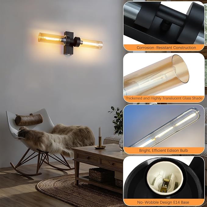 Rechargeable Wall Sconces Set of Two with Remote, Black Battery Operated Wall Sconce with Amber Glass, Sconces Wall Decor Set of 2 Wall Light Fixtures for Bedroom Bathroom Mirror Living Room - Bloomnest