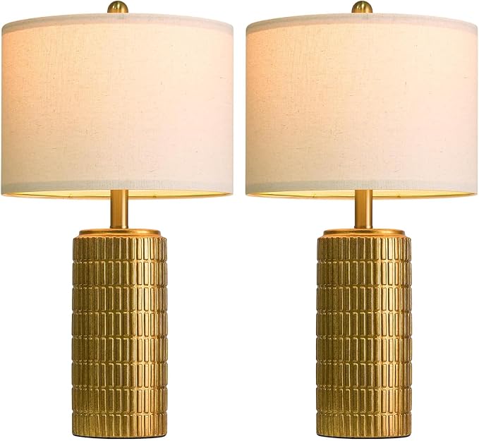 PoKat 23" Brass Gold Ceramic Table Lamps for Living Room, Retro Warm Gold Lamps for Night Stands, Vintage Bronze Decorative Lamps for Bedroom, Antique Gold Brown Nightstand Lamps for Home Decor - Bloomnest