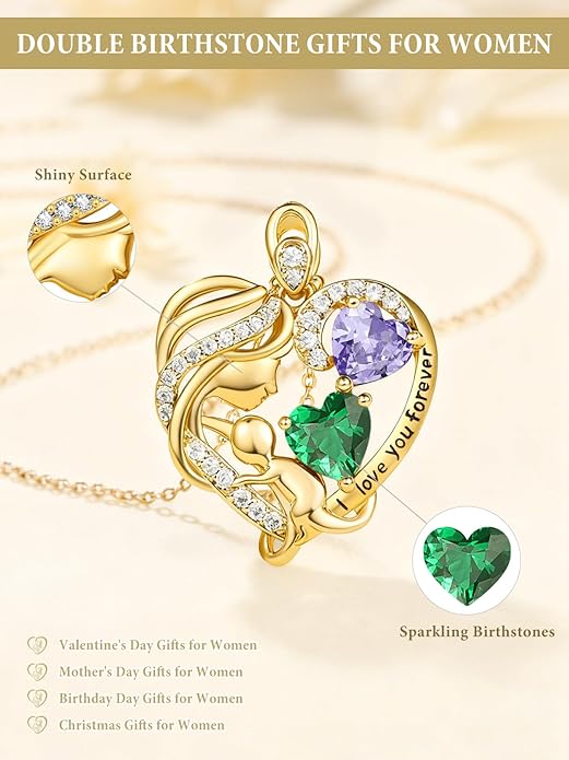 14K Gold Double Birthstone Heart Necklace for Women Mom, Mother Son/Daughter Pendant Necklace for Christmas Mother's Day Birthday Gifts for Wife Daughter Grandmom - Bloomnest