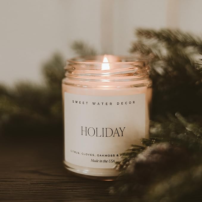 Sweet Water Decor Holiday Candle | Cloves, Pine, and Sandalwood Festive Christmas Winter Scented Soy Candles for Home | 9oz Clear Jar, 40 Hour Burn Time, Made in The USA - Bloomnest