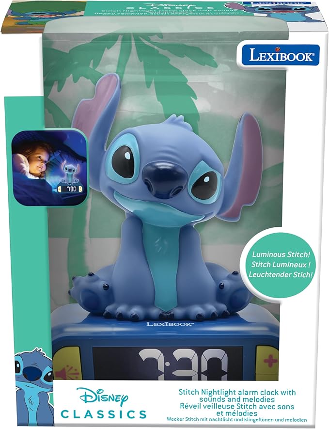 LEXiBOOK, Disney Stitch, Stitch Nightlight Alarm Clock, Sounds and Melodies, LCD Backlit Screen, Luminous, Snooze, Blue, RL800D - Bloomnest