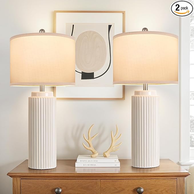 28’’ Farmhouse Ceramic Table Lamps Set of 2 for Living Room, Cream Vintage Bedside Table Lamps with White Linen Shade, Rustic Nightstand Lamps for Bedroom Home Office End Table Dorm - Bloomnest