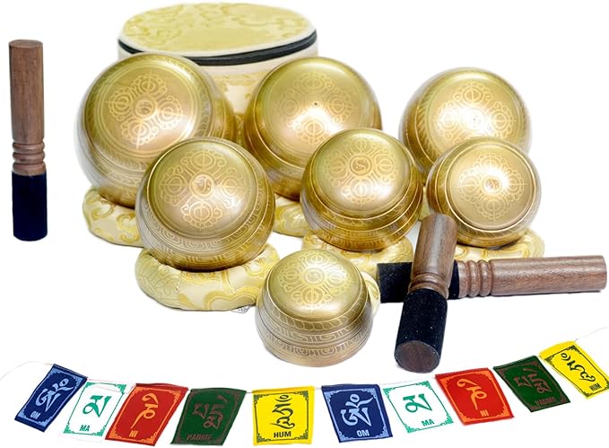 Tibetan Singing Bowl Set of 7 Himalayan Bowl Vajra Engraved Chakra bowl Authentic 7 metals Handmade in Nepal for Yoga, Chakra healing, Deep Relaxation Mindfulness - Bloomnest