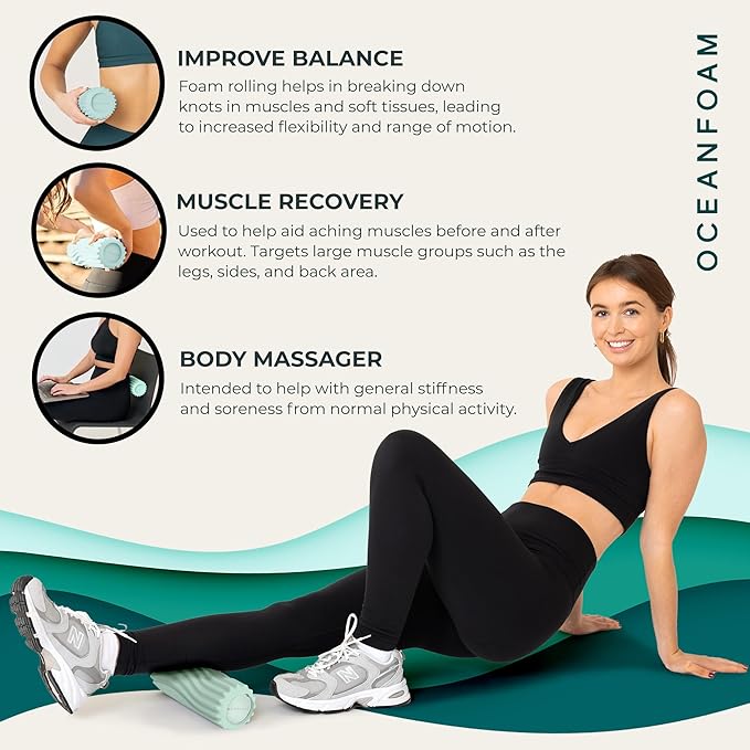 Oceanfoam Ripple Travel Foam Roller (11" x 3.35") Firm Mini Foam Roller for Physical Therapy, Deep Tissue Massage, Back Pain - High Density, Ergonomic Wave Textured - Yoga, Pilates, Exercise (Seafoam) - Bloomnest