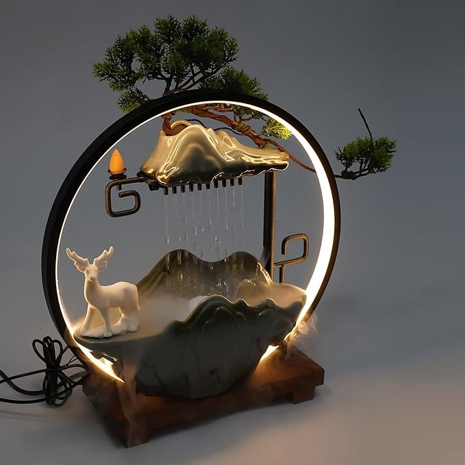 15In Water Fountains Indoor Tabletop Waterfall Humidifier with LED Light and Atomizer Mist, Japanese Zen Decor Meditation Fake Plants Bonsai Feng Shui Decor Festival Birthday surprise Good Luck Wealth - Bloomnest