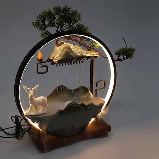 15In Water Fountains Indoor Tabletop Waterfall Humidifier with LED Light and Atomizer Mist, Japanese Zen Decor Meditation Fake Plants Bonsai Feng Shui Decor Festival Birthday surprise Good Luck Wealth - Bloomnest