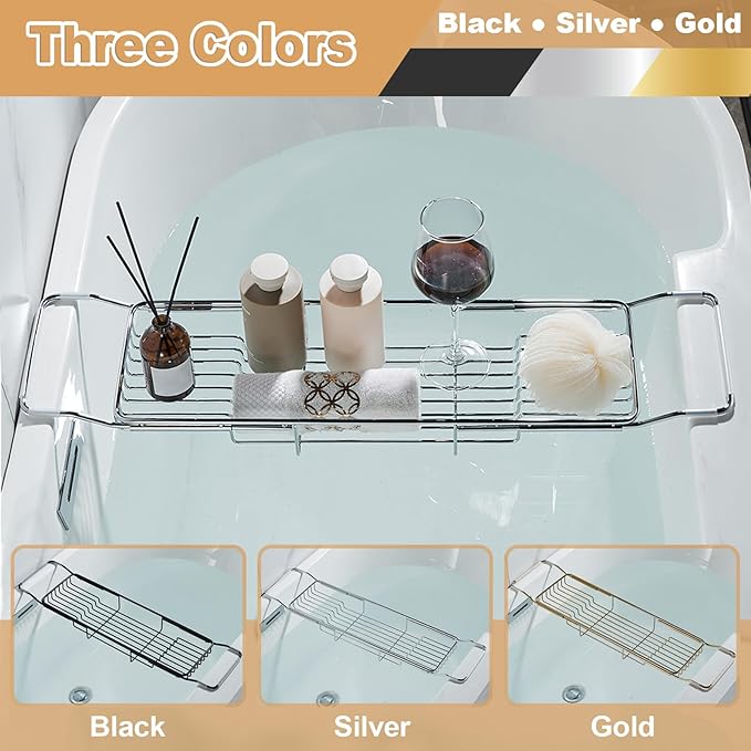 Stainless Steel Bathtub Caddy Tray, Expandable Bath Tub Table, Adjustable Bathroom Tray, Bath Organizer Tub Shelf,Silver,26.8~35.4in - Bloomnest