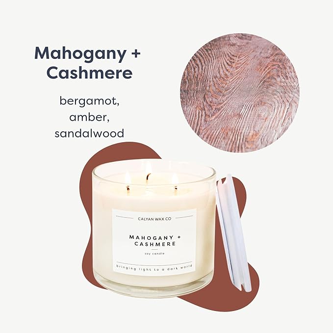 Calyan Wax Co. Mahogany & Cashmere 3 Wick Scented Candle - 43 Hour Burn - Luxury 3 Wick Soy Candles - Non Toxic Soy Wax Candles - Long Lasting Large Glass Jar Candle for Home - 14.9oz - Bloomnest