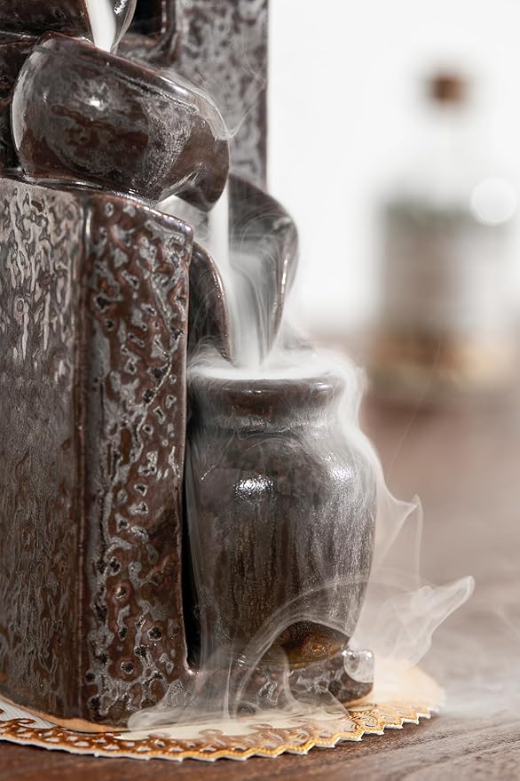 Unique Cascading Basins Ceramic Waterfall Incense Holder, Paired with a Pack of Backflow Incense Cones. (Metallic) - Bloomnest