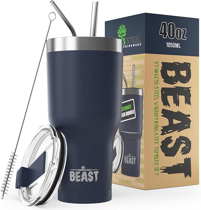 Beast 40 oz Tumbler Stainless Steel Vacuum Insulated Coffee Ice Cup Double Wall Travel Flask (Navy Blue) - Bloomnest
