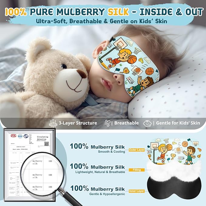 Kids Sleep Mask – 100% Mulberry Silk Eye Mask with Adjustable Strap, Soft Light Blocking Sleeping Mask for Children, Cute Printed Eye Cover for Boys Girls Ages 5-15 (Basketball Style) - Bloomnest