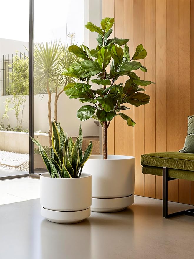 LE TAUCI 12 Inch Pots for Plants with Saucer | Ceramic Outdoor & Indoor Planter Pot for Plants | Drainage Hole, Mesh Pad & Plug | Unglazed Porous | Modern for Home, Office and Patio – Chalk White - Bloomnest