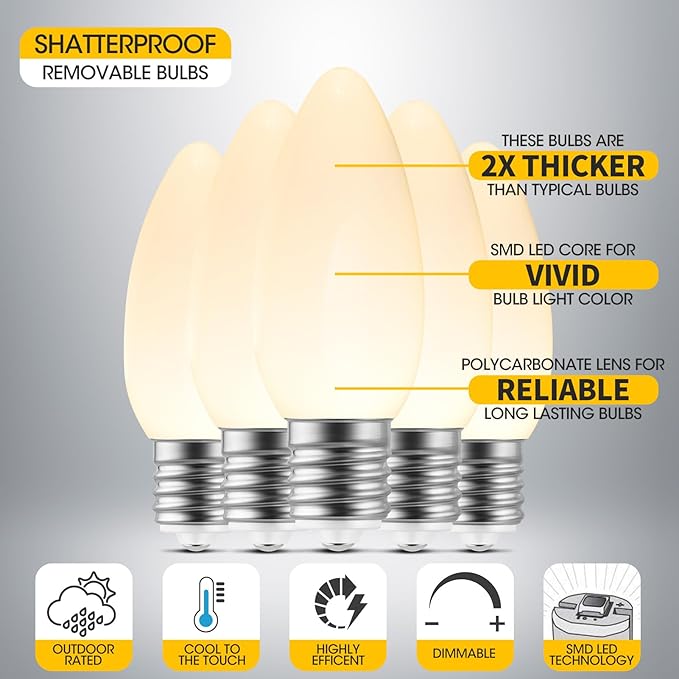 25-Pack Ceramic C9 LED Christmas Light Bulbs, Warm White LED Light Bulbs Holiday Decoration, Warm Christmas Decor for Indoor & Outdoor Use, E17/C9 Intermediate Base (Warm White Smooth) - Bloomnest