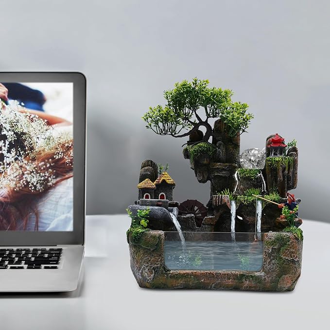 Waterfall Fountain Indoor Mini Waterfall with Led Lights & Atomizer Indoor Fountains and Waterfalls Table Top Water Fountain for Office, Home, Bedroom Desk Decor (Flowing Water & Fishbowl)