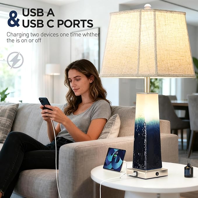 Coastal Blue Glass Table Lamp with Night Light & USB C+A Ports - 28" Extra Large Bedroom Lamp with Integrated Fabric Lampshade for Living Room Nightstand, Bulb Included, 1Pack - Bloomnest