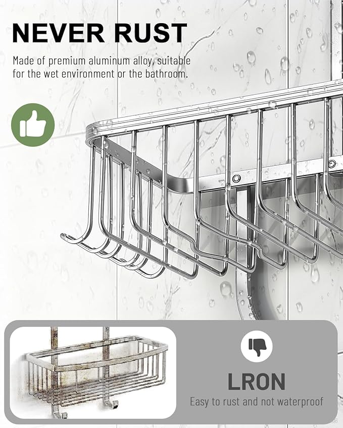 Shower Caddy Hanging - Never Rust Shower Hanging Organizer - Aluminum Over the ShowerHead Caddy with Soap Basket and 6 Hooks for Razor/Sponge (Frosted Silver) - Bloomnest