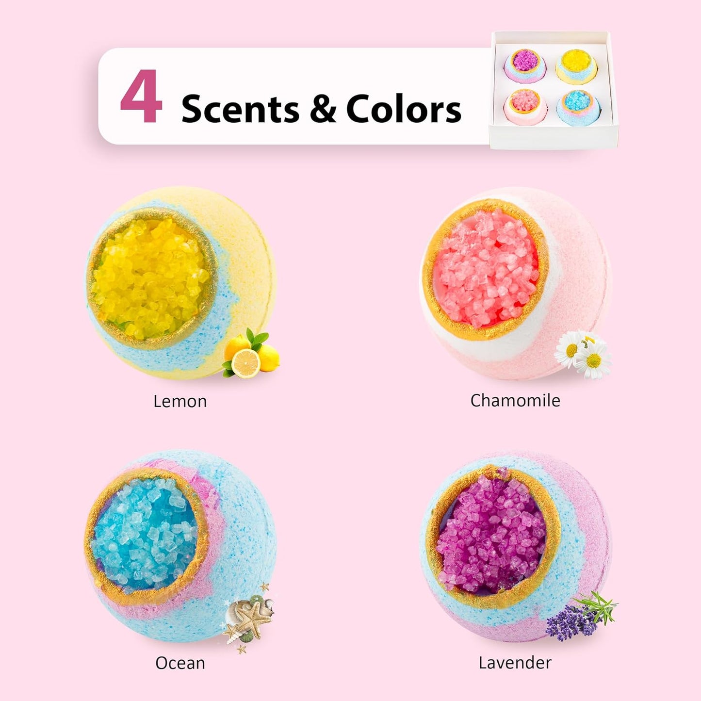 4 Pcs Crystal Sea Salt Bath Bomb Set – Natural Essential Oil Bath Fizzies, Organic Relaxing Bubble Bath, Self-Care Gift Set for Her, Him, Wife, Girlfriend, Perfect Holiday Gift