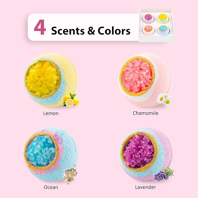 4 Pcs Crystal Sea Salt Bath Bomb Set – Natural Essential Oil Bath Fizzies, Organic Relaxing Bubble Bath, Self-Care Gift Set for Her, Him, Wife, Girlfriend, Perfect Holiday Gift - Bloomnest