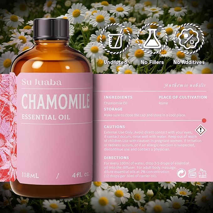SU JUABA Chamomile Essential Oil 4 Oz, 100% Pure Natural for Relaxation, Skin Care, Massage, Sleep & Aromatherapy - 118ML Bloomnest