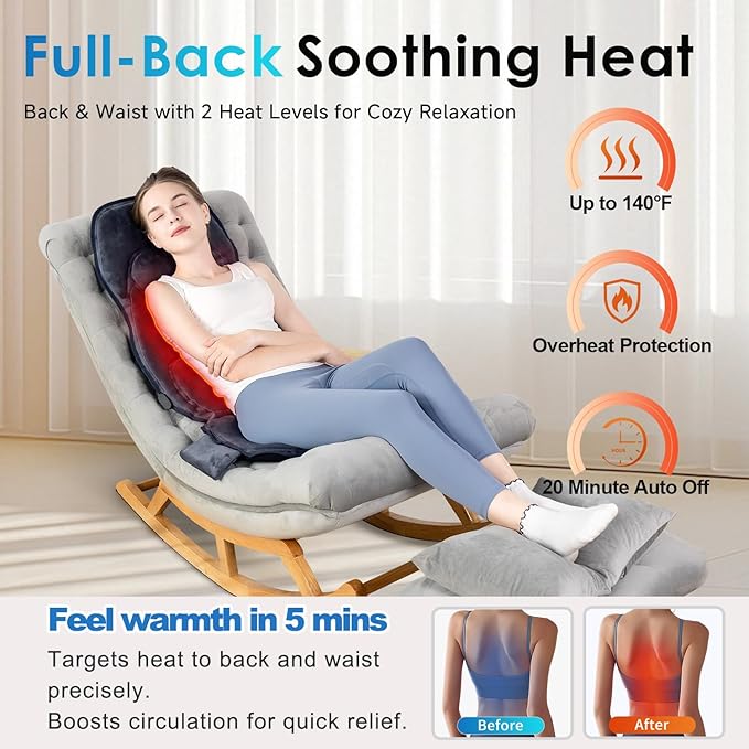 Back Massager with Soft Plush Fabric Cover, Massage Seat Cushion with 8 Vibration Motors & 2 Heating Levels, Chair Massager for Recliner, Office Chair, Sofa Use, Gifts for Dad Mom - Bloomnest