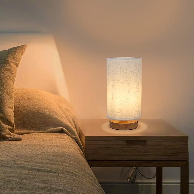 Minimalist Dimmable Nightstand Lamp with Round Fabric Linen Shade, 3 Color Temperatures, Desk & Bedside Lamp for Study, Living Room, Bedroom, Office, Dorm - Bloomnest