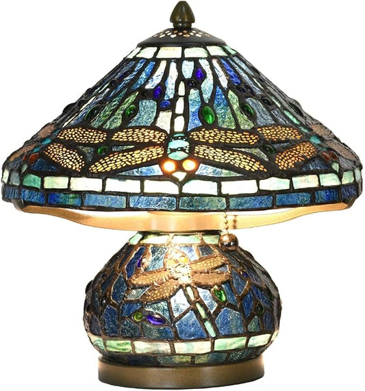 Bieye L10906 Tiffany Style Stained Glass Mushroom-Shaped Double Lit Table Lamp for Home Decor (10-inch, Blue Dragonfly)