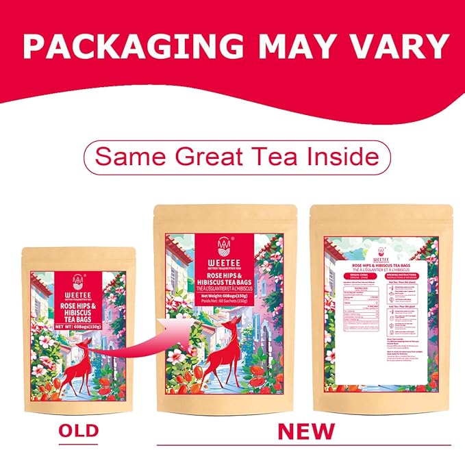 WT WEETEE Rosehips Hibiscus Tea Bags, Made with Rosehip & Hibiscus Flowers, Natural Caffeine-free Herbal Tea 2.5g x 60 Counts - Bloomnest