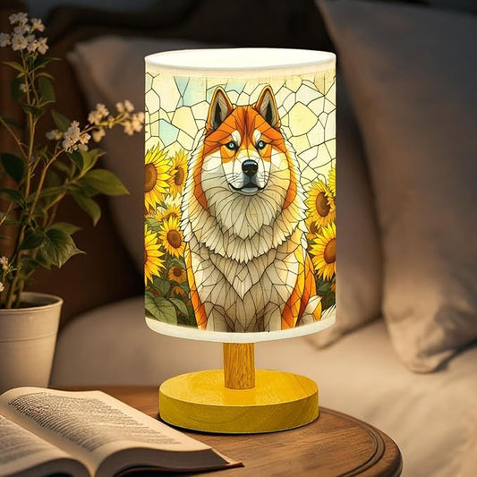 Akita Inu Table Lamp LED 3-Color Pressed Bedside, Dog Shade Lamp with Wood Base for Bedroom Living Room Desk Office - Bloomnest