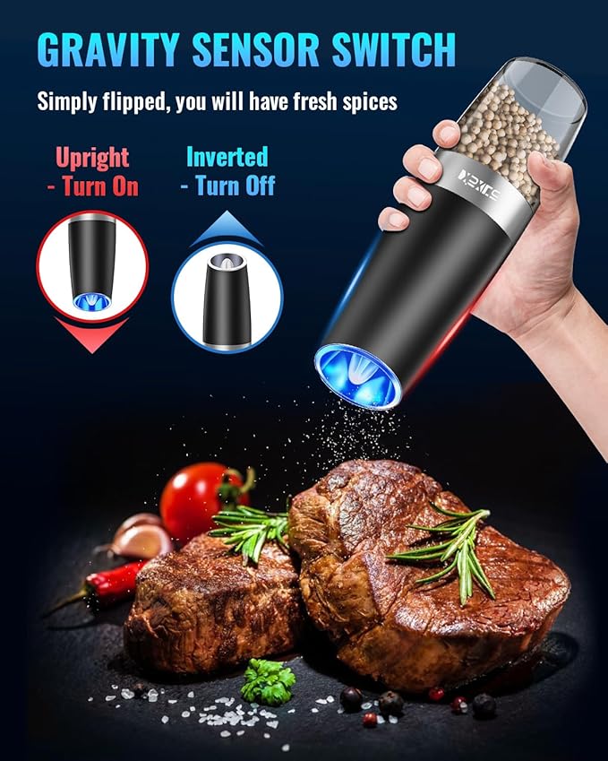XinXu Gravity Electric Pepper and Salt Grinder Set, Adjustable Coarseness, Battery Powered with LED Light, One Hand Automatic Operation, Black -2 Pack - Bloomnest