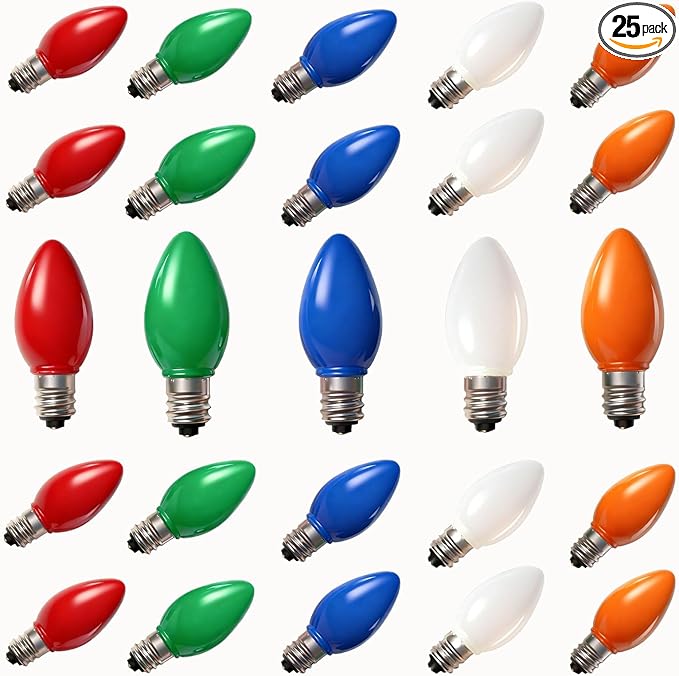 25 Pack C7 LED Multicolor Replacement Bulbs, Christmas Multicolor Ceramic LED Light Bulbs Vintage Light Bulbs for Christmas Indoor Outdoor String Lights, E12/C7 Candelabra Base, 0.6 Watt - Bloomnest
