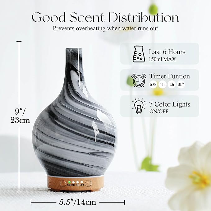 Porseme 150ml Essential Oil Diffuser Glass Color Changing Aroma Air Diffusers Aromatherapy Ultrasonic Cool Mist Humidifier 6 Running Hours Waterless Auto-Off for Sleeping, Yoga, Office, Spa (Ink) Porseme