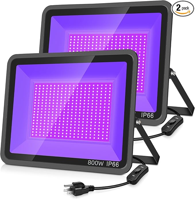 800W 2 Pack LED Black Light,395nm to 405nm Big UV Blacklight, IP66 Waterproof Black Flood Light Outdoor with Plug and Switch,Neon Glow for Glow Party, Fluorescent Poster, Body Paint,Halloween - Bloomnest