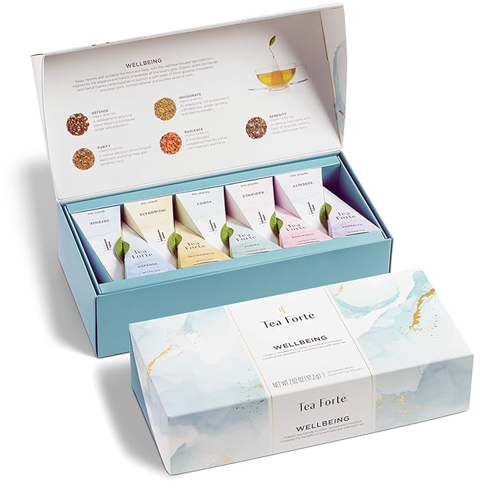 Tea Forte Premium Petite Presentation Box Gift Set Sampler, 10 Count, 2 of Each Blend Individually Wrapped Handcrafted Pyramid Infuser Bags, Wellbeing Tea