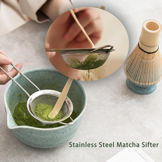 Matcha Kit Set, Matcha Whisk Set Includes Matcha Bowl And Holder, Bamboo Matcha Whisk, Scoop and Matcha Sifter, 17 oz Mottled Blue Glaze Ceramic Matcha Kit for Tea Lovers - Bloomnest