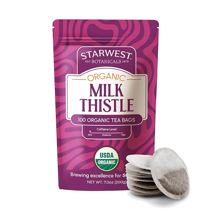 Starwest Botanicals Organic Milk Thistle Seed Tea - Caffeine Free Herbal Tea, Promotes Calm, USDA Organic Milk Thistle Seed, String Free Sachets, Non GMO - Bulk Pack, 100 Tea Bags - Bloomnest