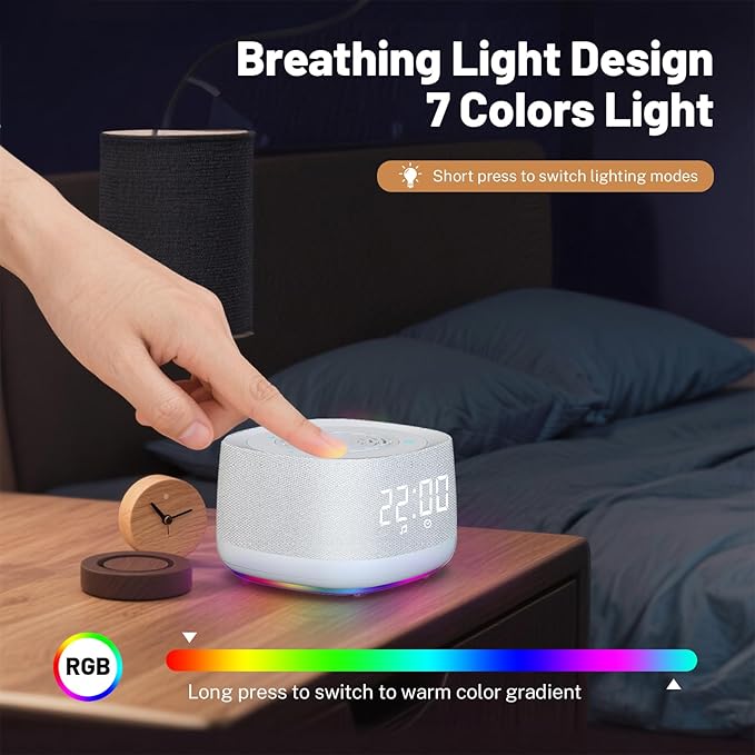 Sound Machine & Clock with Bluetooth 5.4, 14 Soothing White Noise Sounds, Night Light, Sleep Timer, 1000mAh Portable Rechargeable Sound Machine for Adults, Home, Travel, Office (White, Standard Size) - Bloomnest