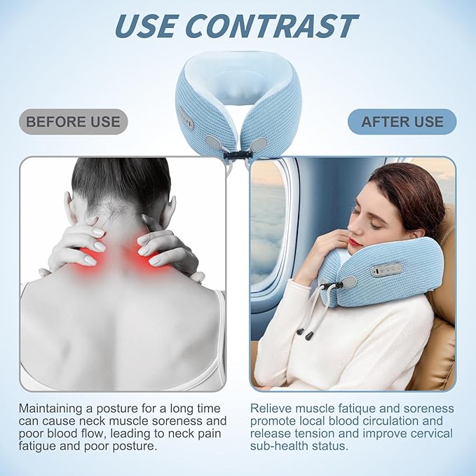 Electric Neck Massager,Portable Travel Pillow with Massage and Heat,Rechargeable Vibrating Neck Pillow Massager,Perfect for Pain Relief at Home, Office,Travel,Fathers Day Gift Ideas(Blue) - Bloomnest
