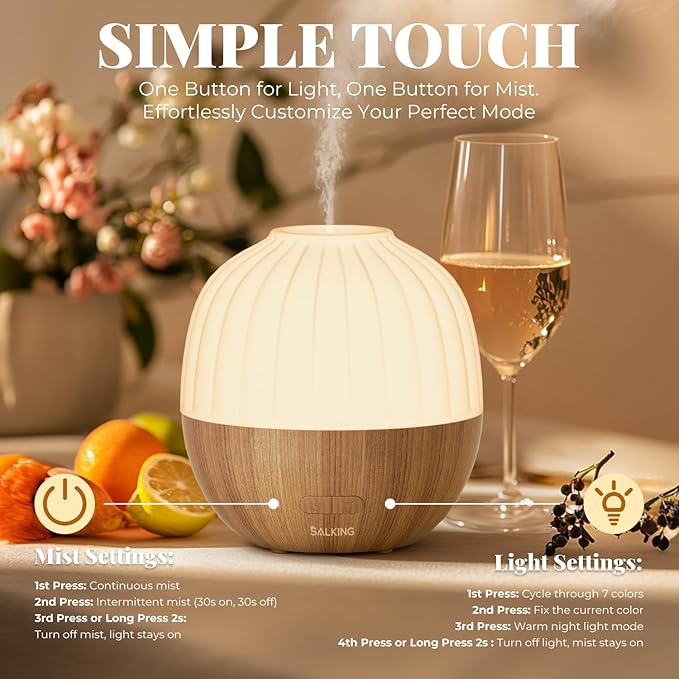 SALKING Essential Oil Diffuser, 300ml Aromatherapy Diffuser for Essential Oils, Ultrasonic Diffuser with Adjustable Mist Mode Timers, Cool Mist Humidifier with 8 Color Lights, for Office Home - Bloomnest