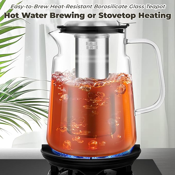 Aquach Glass Teapot with Removable Infuser - 74oz Borosilicate Tea Pot for Stovetop & Cold Brew, Stainless Steel Filter for Loose Leaf/Iced Tea - Bloomnest