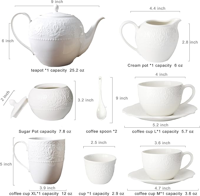 Tea Set 11 Pieces Tea Sets for Adults Ceramic Cookware Tea Cups and Saucers Teapot, Sugar Bowl, Creamer and Teaspoon（White） - Bloomnest
