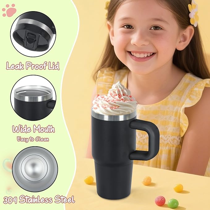 Cosictic 14 Oz Flip Straw Tumbler with Handle for Kids, Stainless Steel Double Wall Insulated Cup for Children with Flip Top Lid, 14 Oz Leak-proof Cups for Kids,Black - Bloomnest