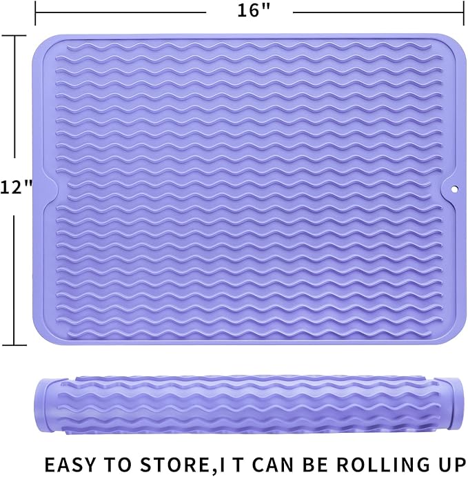 Silicone Dish Drying Mat for Multiple Usage,Easy clean,Eco-friendly,Heat-resistant Silicone Mat for Kitchen Counter or Sink,Refrigerator or drawer liner Light Purple L 16 inches x 12 inches - Bloomnest