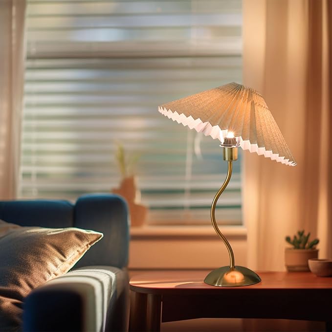 KUNJOULAM Small Pleated Table Lamp, Bedside Nightstand Lamp with Beige Lampshade, Morden Mini Lamp for Bedroom Home Office Decor, E12 Bulb Included - Bloomnest